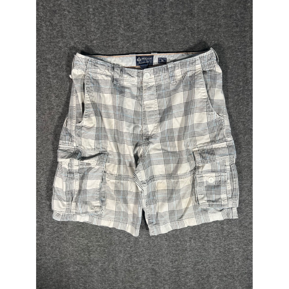 Vintage American Rag Mens Plaid Cargo Shorts White Blue Size 36 Cotton Casual